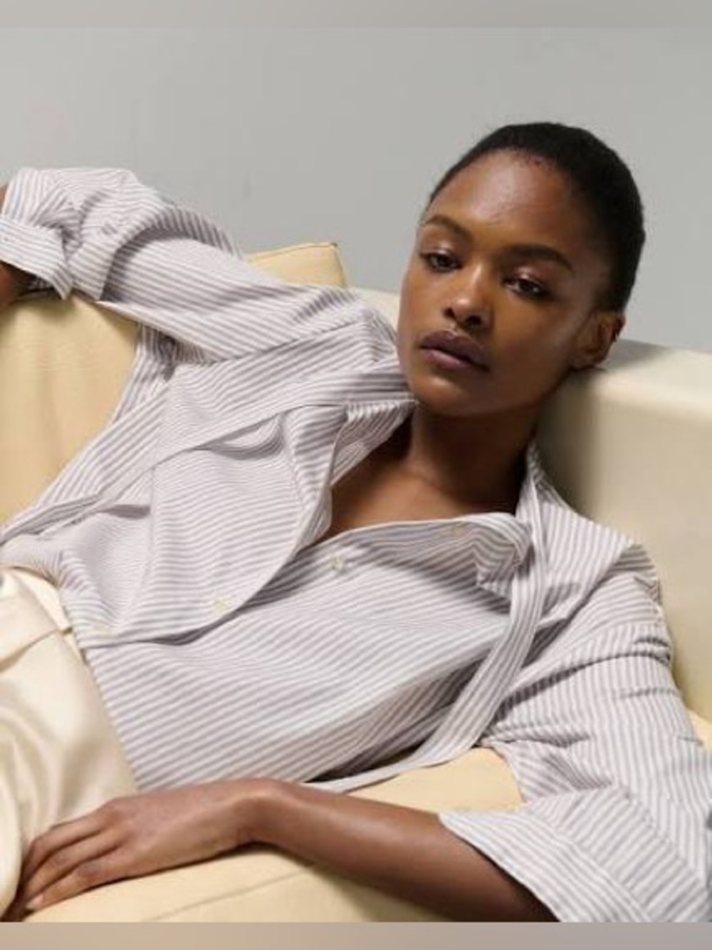 LESET Yoshi tie button shirt in parchment stripe
